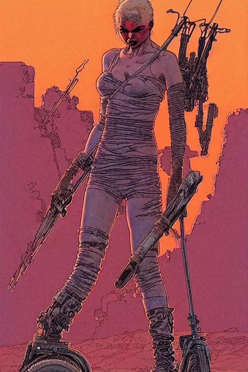 Image similar to ( ( ( ( ( madmax fury road cover art. muted colors. ) ) ) ) ) by mœbius!!!!!!!!!!!!!!!!!!!!!!!!!!!