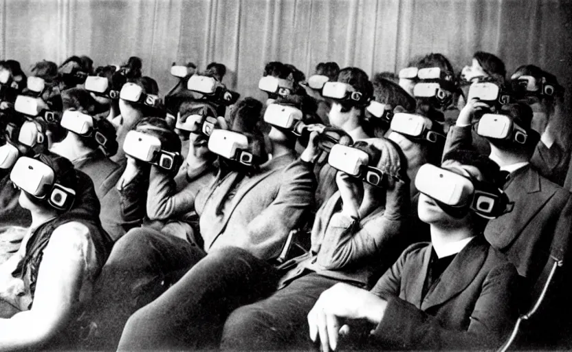 Image similar to 1 9 0 0 s photo of people using iphones ipods virtual reality headsets vr in a movie theater masterpiece