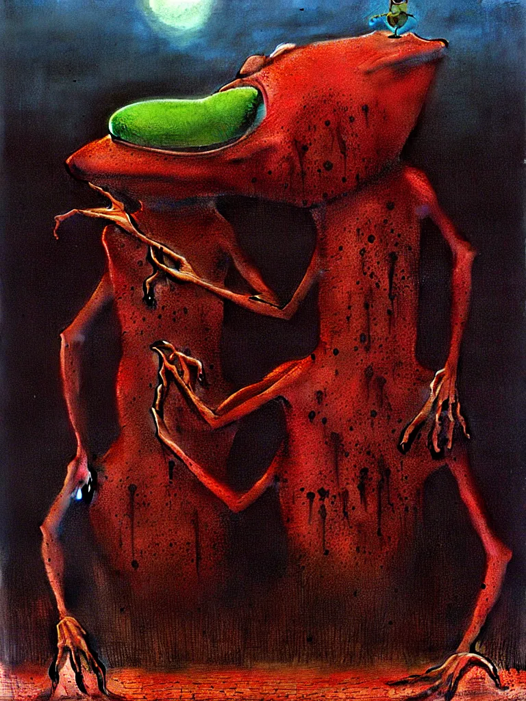 Image similar to bloody Kermit the frog megalophobia by Beksinski
