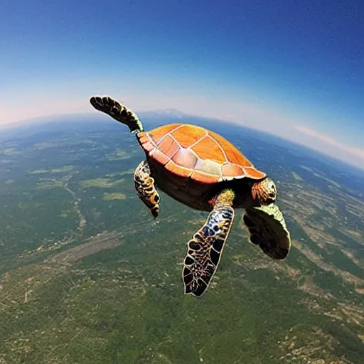 Prompt: hyperrealistic turtle paragliding
