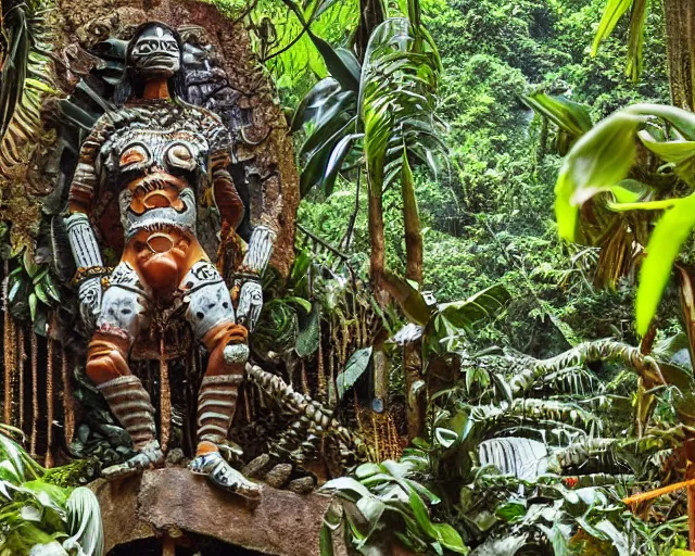 Image similar to mayan jaguar warrior exploring an alien jungle las pozas, 1 9 6 0's sci - fi, lofi technology, deep aesthetic colors, 8 k, highly ornate intricate details, extreme detail, antonin gaudi & edward james