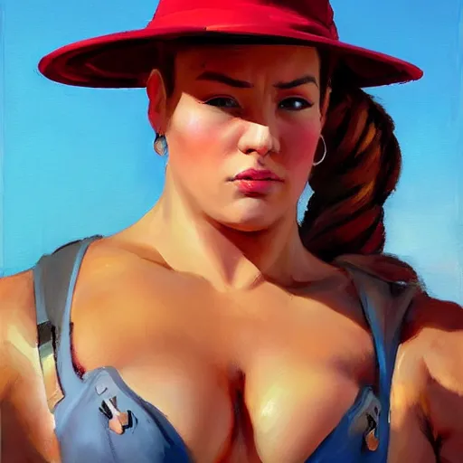 Image similar to greg manchess portrait of thick muscular weightlifter zarya from overwatch with ponytail wearing beach hat, medium shot, asymmetrical, profile picture, organic painting, sunny day, matte painting, bold shapes, hard edges, street art, trending on artstation, by huang guangjian and gil elvgren and sachin teng