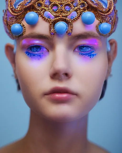 Image similar to natural light, soft focus portrait of an android with soft synthetic pink skin, blue bioluminescent plastics, smooth shiny metal, elaborate ornate head piece, piercings, skin textures, by annie liebovotz,