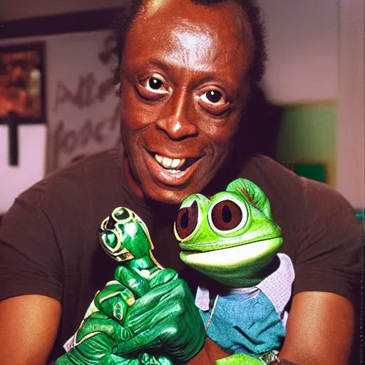 Prompt: miles davis petting pepe the frog, photography