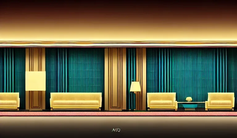 Image similar to a beautiful, sharp focus, clean lines. the interior of a 1 9 4 0 s art deco luxury hotel lobby. vaporwave ombre rendering. outrun style. trending on artstation. recommended for you behance. wes anderson colors. by chris moore. by edward hopper. ambient occlusion. digital matte painting. metropolis filmic. gotham city.