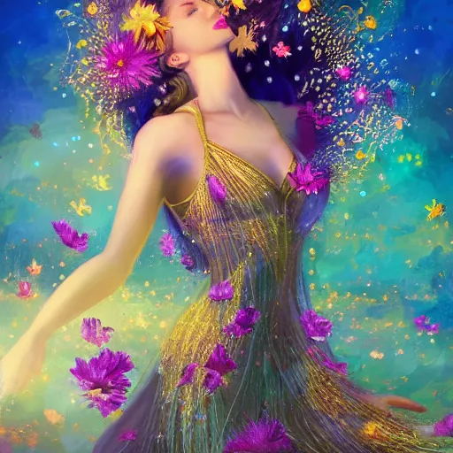 Image similar to summer scene of a spirit of a woman composed by the exquise blossom of flowers, dances in the air majestically, breathtaking, intricate, elegant, beautiful, exotic, fantasy, concept art, digital art, magical scene, cinematic, golden hour, rich moody colors, 8 k, hi - res, uhd