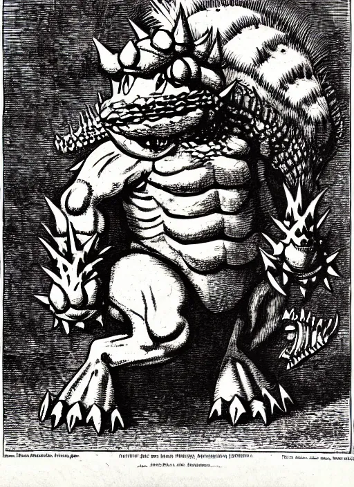 Image similar to illustration of bowser the king koopa as a demon from the dictionarre infernal, etching by louis le breton, 1 8 6 9, 1 2 0 0 dpi scan, ultrasharp detail, clean scan