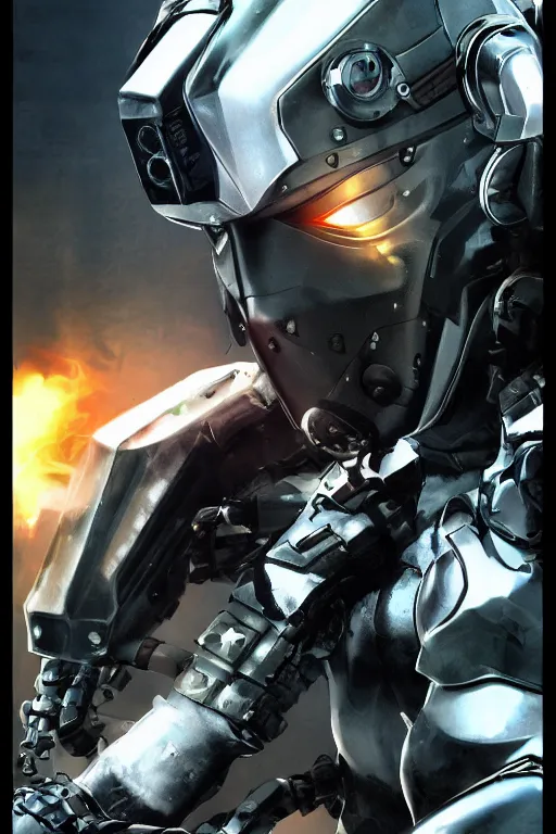 Image similar to cyber cyborg ninja mask helmet metal gear solid artic suit swat commando, global illumination ray tracing hdr fanart arstation by sung choi and eric pfeiffer and gabriel garza and casper konefal, a spectacular view cinematic rays of sunlight comic book illustration, by john kirby