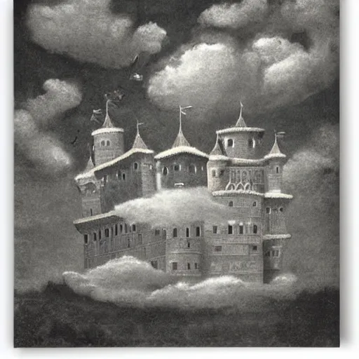 Prompt: A beautiful experimental art of a castle in the clouds. dark by Sofonisba Anguissola angular