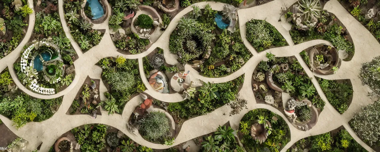 Image similar to aerial view of desert terraformation project, venus project, with snail-shaped biomimetic architecture, mini amphitheatre, mini lake, vertical vegetable gardens, robotic drones, XF IQ4, 150MP, 50mm, F1.4, ISO 200, 1/160s, natural light