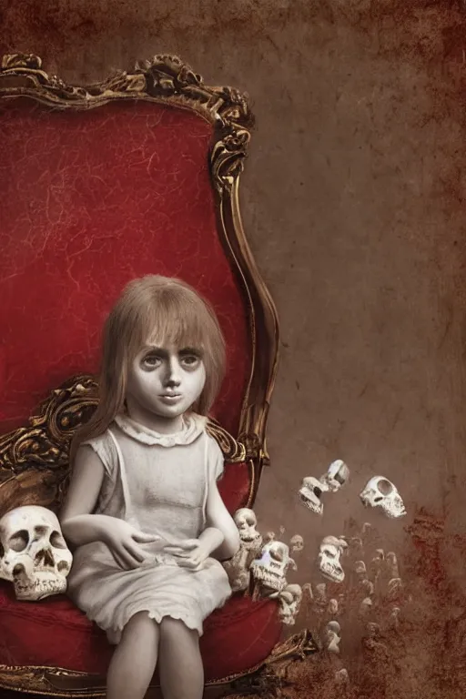 Image similar to photorealistic front view sad pale victorian ai child sitting on a red sofa made of human bones in a surreal landscape, depth of field, intricate, highly detailed, high quality, realistic, sharp focus, soft glow