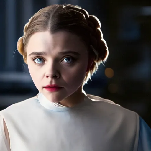 Image similar to Adult Chloe Moretz as Princess Leia, XF IQ4, 150MP, 50mm, F1.4, ISO 200, 1/160s, natural light