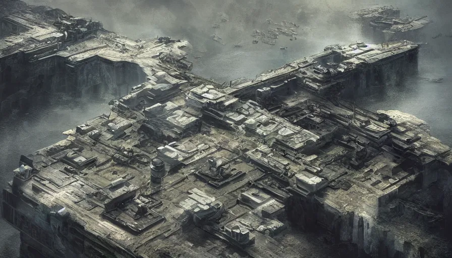 Prompt: big brutalisti mperial military base on cliffs, drawing architecture, island, very long shot, top angle, pritzker architecture prize, science fiction, control the game, brutalism, earthbound, jan urschel, very detailed