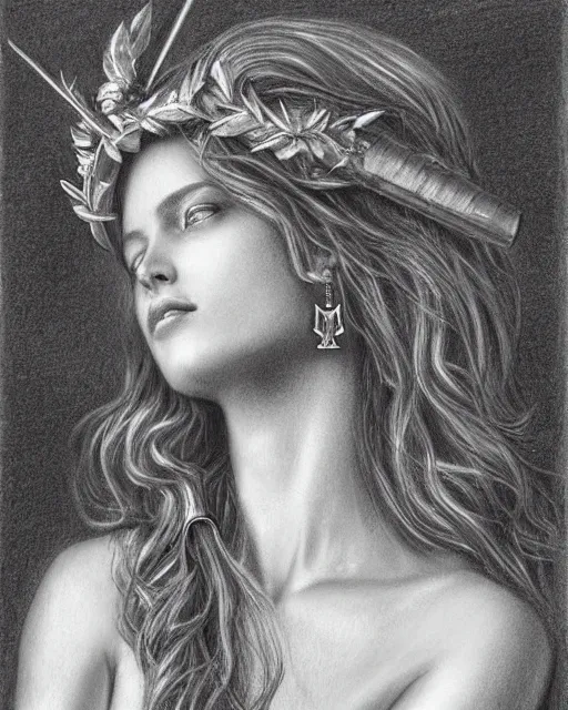 Image similar to pencil drawing of a beautiful greek goddess aphrodite wearing a laurel wreath and arrowhead earrings, beautiful confident and piercing eyes, beautiful flowing hair, hyper realistic face, in the style of greg rutkowski, fantasy, amazing detail, epic, elegant, smooth, sharp focus, from the front