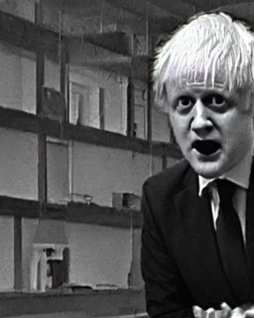 Image similar to dark still from cctv of a horror monster looking like boris johnson