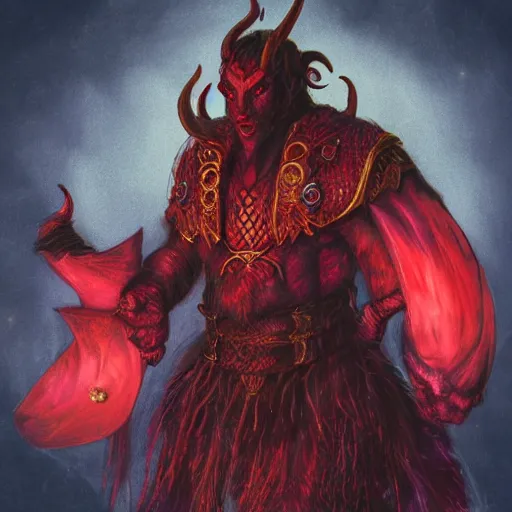 Image similar to dnd portrait of a tiefling, male, red scales, a big black beard, completely golden eyes, 2 curved horns growing out of his forehead,