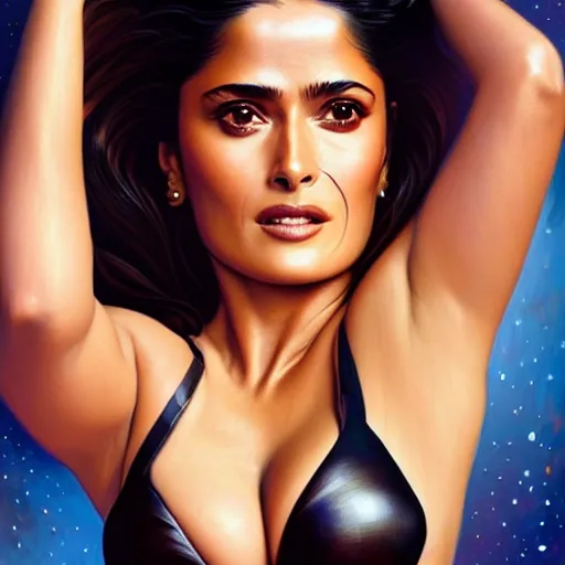 Prompt: a portrait of salma hayek in a revealing spacesuit, Alexandria's genesis, bored, illustration, soft lighting, soft details, painting oil on canvas by mark arian by artgerm, trending on artstation, 4k, 8k, HD