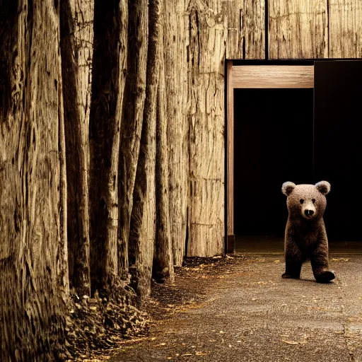 Image similar to dark photograph of a small bear mascot walking through a large wooden doorway