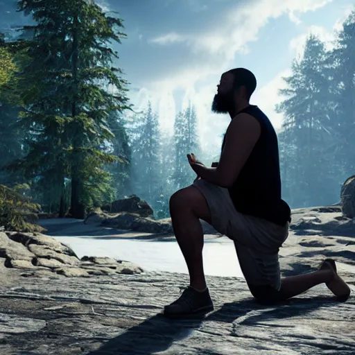 Prompt: A man kneeling before gods asking for his wishes to be fulfilled, ultra photo realistic, unreal engine, 8K UHD