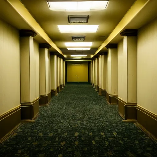 Image similar to Jerome Powell lost in the backrooms, old moist carpet, mono-yellow, fluorescent lights, randomly segmented rooms, eerie