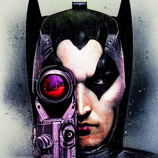 Prompt: dream portrait of Batman, cameras, melting ,8k,by tristan eaton,Stanley Artgermm,Tom Bagshaw,Greg Rutkowski,Carne Griffiths, Ayami Kojima, Beksinski, Giger,trending on DeviantArt,face enhance,hyper detailed,minimalist,cybernetic, android, blade runner,full of colour