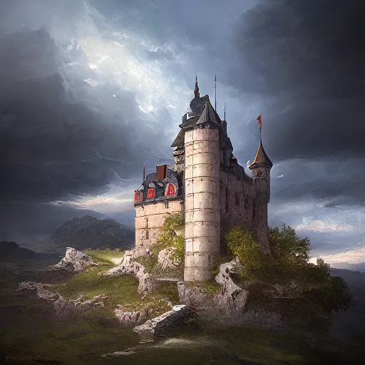 Image similar to a beautiful painting of a castle by Michal Karcz, featured on artstation, breathtaking clouds, thunderstorm, lighting study