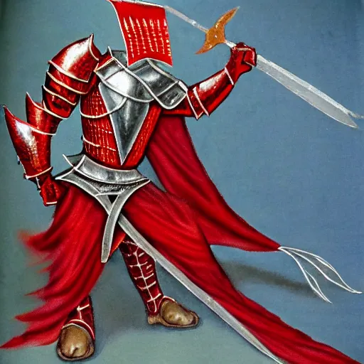 Image similar to a knight wearing full red armor, in the style of a dragon, spikes, wielding a whip,