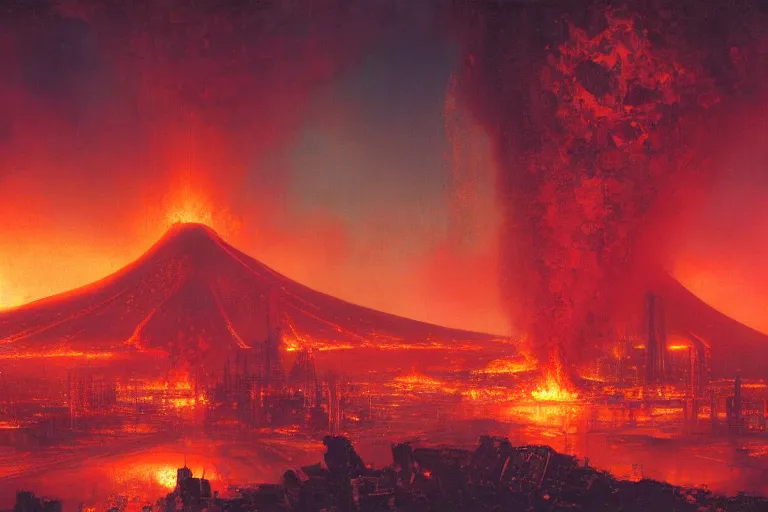 Prompt: a cyberpunk city in the heart of a volcano, lava flowing, smoke, fire, industrial, by paul lehr