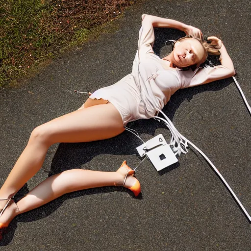 Image similar to a bunch of data cables in the shape of a beautiful woman, laying on the ground, realistic sculpture,
