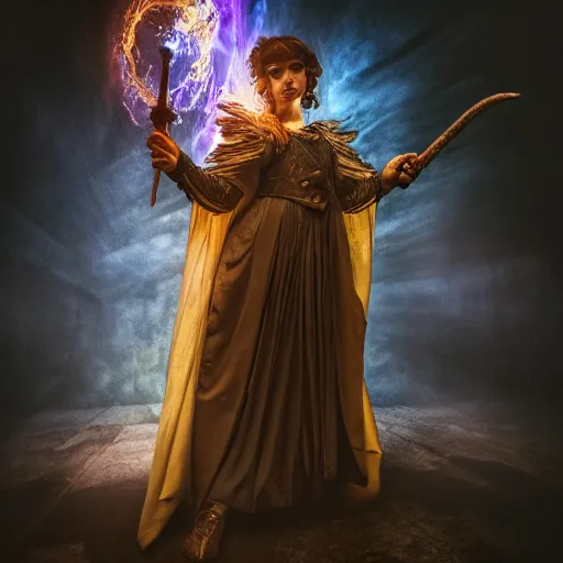 Image similar to mage casting dark magic ,Grim fantasy, D&D, HDR, natural light, shoulder level shot, dynamic pose, award winning photograph, Mucha style, 8k,