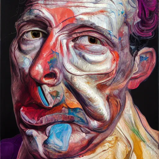 Prompt: high quality high detail painting of a depressed man by lucian freud and jenny saville and francis bacon and nicola samori, hd, anxiety, turquoise and orange and purple and pink and red