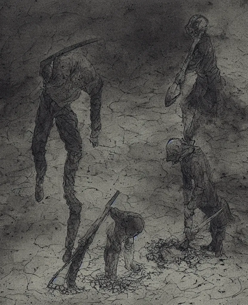 Image similar to a man with a shovel standing digging up a grave with a dead body in it, subtle blue, orange, and dark green tones, high quality, high detail, dark colors, sinister atmosphere, dramatic lighting, cinematic, establishing shot, extremely high detail, photo realistic, cinematic lighting, pen and ink, intricate line drawings, by Yoshitaka Amano, Ruan Jia, Kentaro Miura, Artgerm, post processed, concept art, artstation, matte painting, style by eddie mendoza, raphael lacoste, alex ross