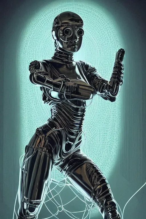 Image similar to retro-futuristic portrait of a beautiful blind female android in old chrome armour with cables and wires, laying in white liquid, ornate background, rim light, ornate pattern, glowing eyes, evil expression, high details, intricate details, renaissance painting by vincent di fate, artgerm julie bell beeple, 80s, Smooth gradients, High contrast, depth of field, very coherent symmetrical artwork