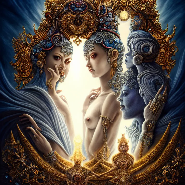 Image similar to epic professional digital art of the miraculous god and goddess with moderate atmospheric dramatic lighting, drawn, intricate, detailed, sinister, lisha hannigan, wayne haag, reina rocin, ignacio fernandez rios, mark ryden, iris van herpen, epic, stunning, magnificent, stunning, cinematic, masterpiece.