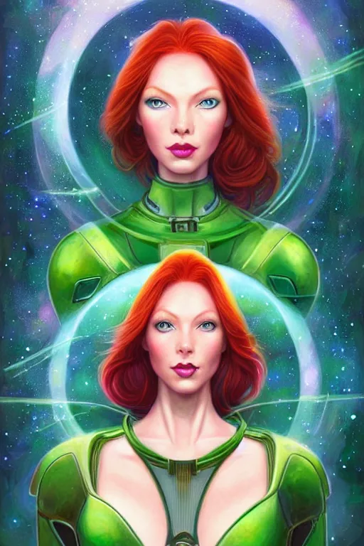 Prompt: Redhead Pleiadian alien human beautiful hybrid feminine woman, with stunning green eyes, cute symmetrical round face and a roundish nose, as a retro futuristic heroine, gorgeous digital painting, artstation, concept art, smooth, sharp focus, illustration, art by artgerm and donato giancola and Joseph Christian Leyendecker, Ross Tran, WLOP