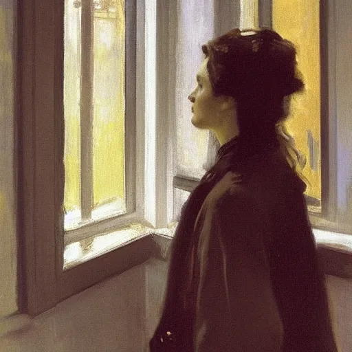 Image similar to a woman standing in front of a window, looking out at the rain, painting by John Singer Sargent