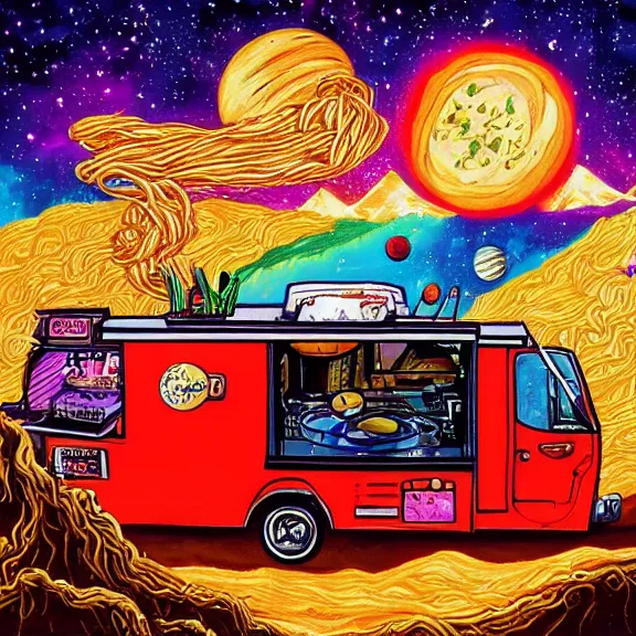 Prompt: a ramen foodcart on an asteroid at the end of the universe, cosmic and colorful, painting