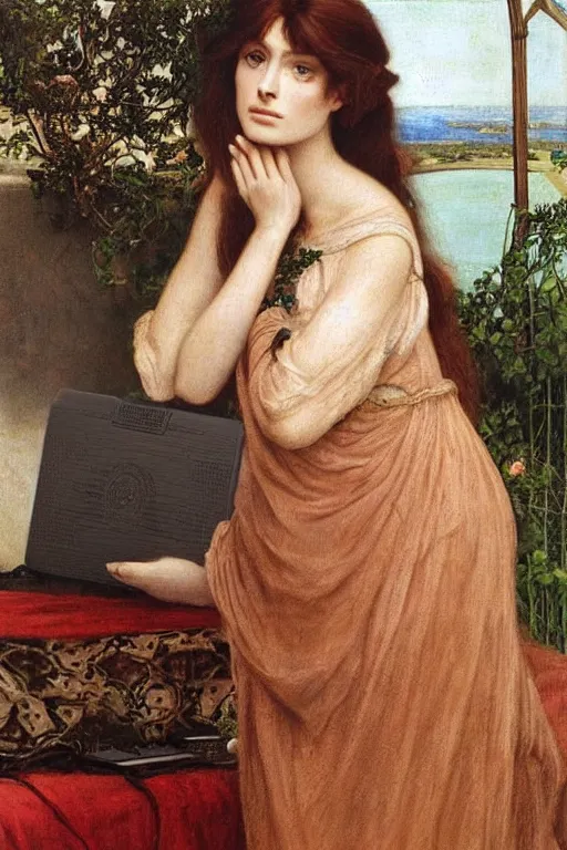 Prompt: a pre raphaelite painting of brigitte bardot, bored, looking at her rosegold macbook air by dante gabriel rossett