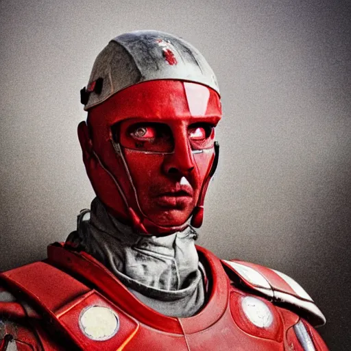 Prompt: portrait of a 5 0 year old soldier with vertical slits on his nose, angular eyebrows, wearing blood - spattered glossy sleek white dinged scuffed armor and a long torn red cape, heroic posture, battle - weary, strained expression, determined expression, no helmet, on the surface of mars, dramatic lighting, cinematic, sci - fi, hyperrealistic, detailed