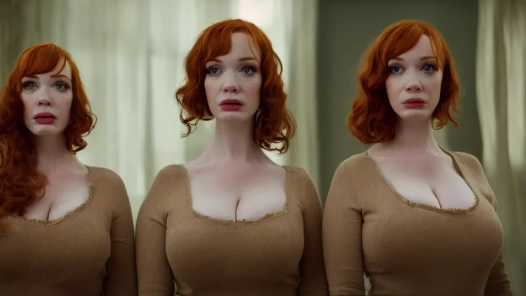 Image similar to a very surprised beautiful Christina Hendricks and her twin sister in the living room, film still from the movie directed by Denis Villeneuve with art direction by Salvador Dalí, wide lens