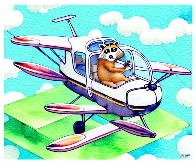 Image similar to cute and funny, racoon riding in a tiny airplane with oversized engines, centered award winning watercolor pen illustration, isometric illustration by chihiro iwasaki, edited by range murata, tiny details by artgerm and watercolor girl, symmetrically isometrically centered