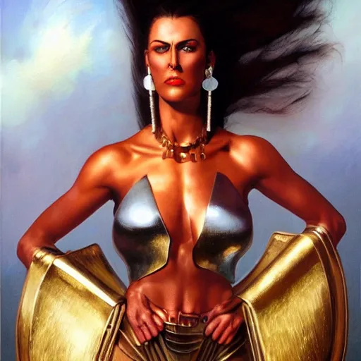 Image similar to detailed oil painting of tall hyper - muscular shining bronze - skinned warrior woman with silver eyes, wearing xena armor, full body, with long wavy flowing black hair and big gold earrings, jewelry, red lipstick, makeup, feminine, volumetric lighting, dynamic composition, art by boris vallejo, heavy metal magazine