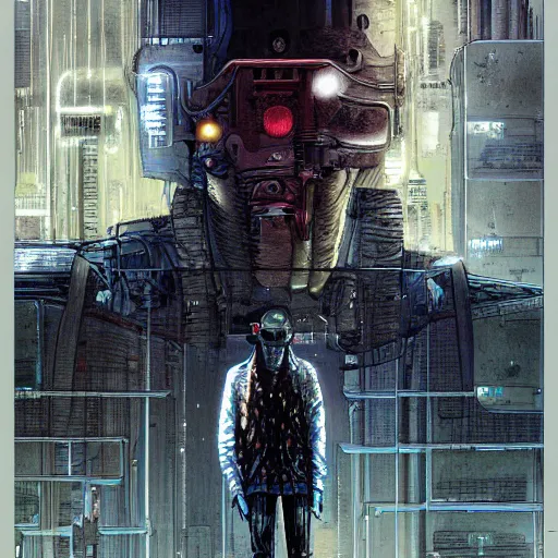 Image similar to Digital portrait of a Ghost in the machine by Enki Bilal and moebius, cyberpunk, impressive perspective, masterpiece