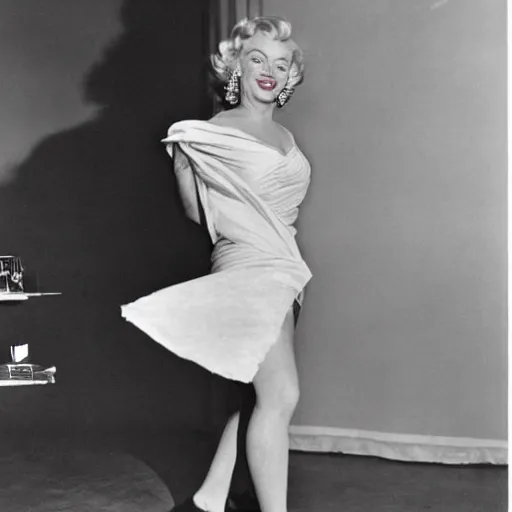 Prompt: In 1951, a journalist criticized Marilyn Monroe; saying that she looks beautiful only because of her super expensive dresses. In return, Marilyn took a photo shoot using a potato sack.