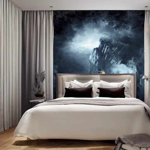 Image similar to a cozy bedroom interior with wall murals painted by a genius, detailed, high resolution, wow!, intricate, volumetric lighting, raytracing