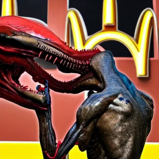 Image similar to Xenomorph eating a person at McDonalds