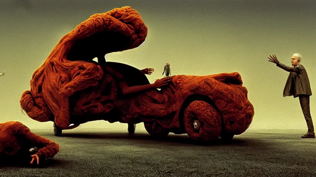 Image similar to the hip creature under the car, film still from the movie directed by denis villeneuve and david cronenberg with art direction by salvador dali and zdzisław beksinski, wide lens