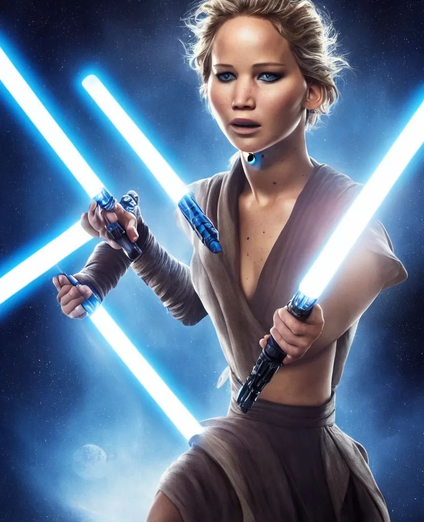 Image similar to jennifer lawrence as a jedi holding up a blue lightsaber, very dark background, official new star wars episode xi movie poster from lucas arts, perfect symmetrical face, full moon, moody lighting, 8 k, shallow depth of field, intricate detail,