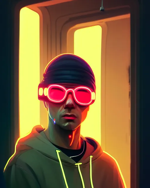 Image similar to neo - noir art style, hyper - realistic detailed portrait of a man in a hoodie, with neon visor, dynamic pose, symmetrical background, by atey ghailan, by greg rutkowski, by greg tocchini, by james gilleard, by joe fenton, by kaethe butcher, sharp focus