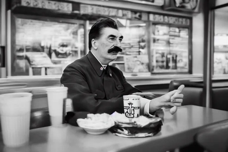 Prompt: a photo portrait of josef stalin in mcdonalds, sigma 2 4 mm f / 8 prize